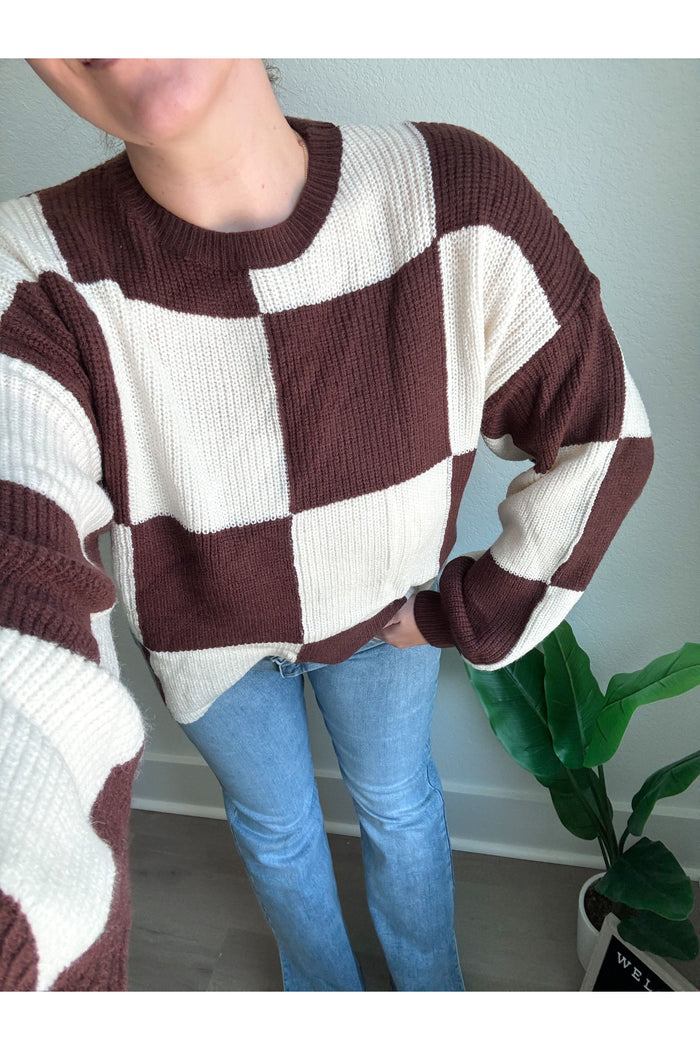 Bold Choice Checkered Sweater in Dark Brown