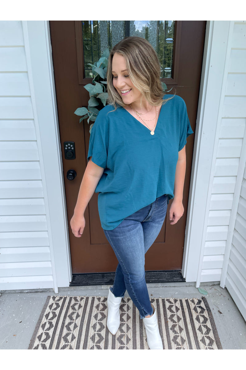 Breezy Short Sleeve Blouse Top in Teal