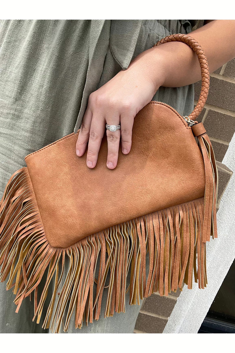 Wristlet Clutch With Fringe in Tan