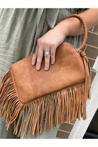 Wristlet Clutch With Fringe in Tan