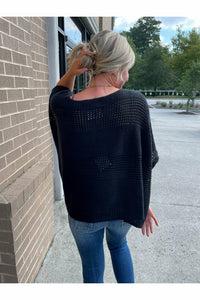 On The Go Open Knit Poncho Top in Black