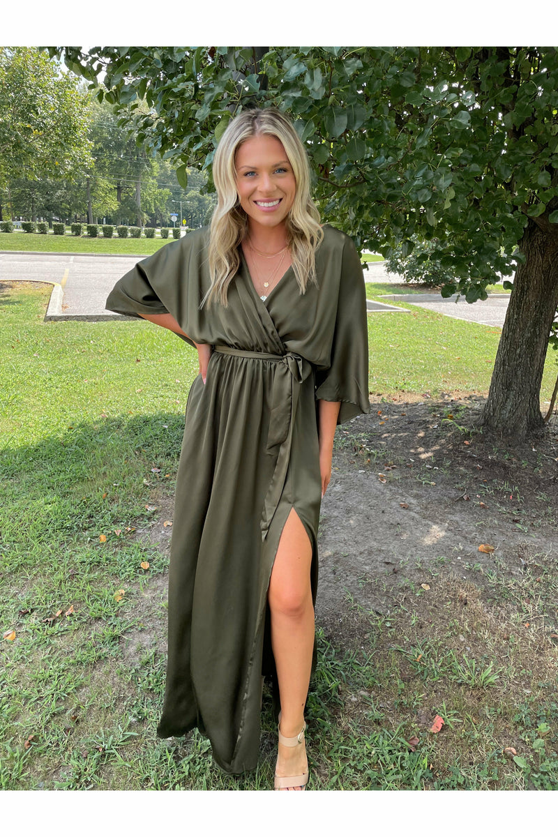 A Little Romance Satin Dress in Olive