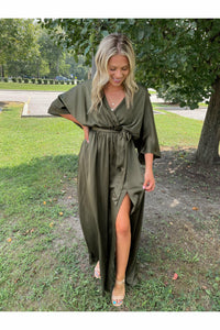 A Little Romance Satin Dress in Olive