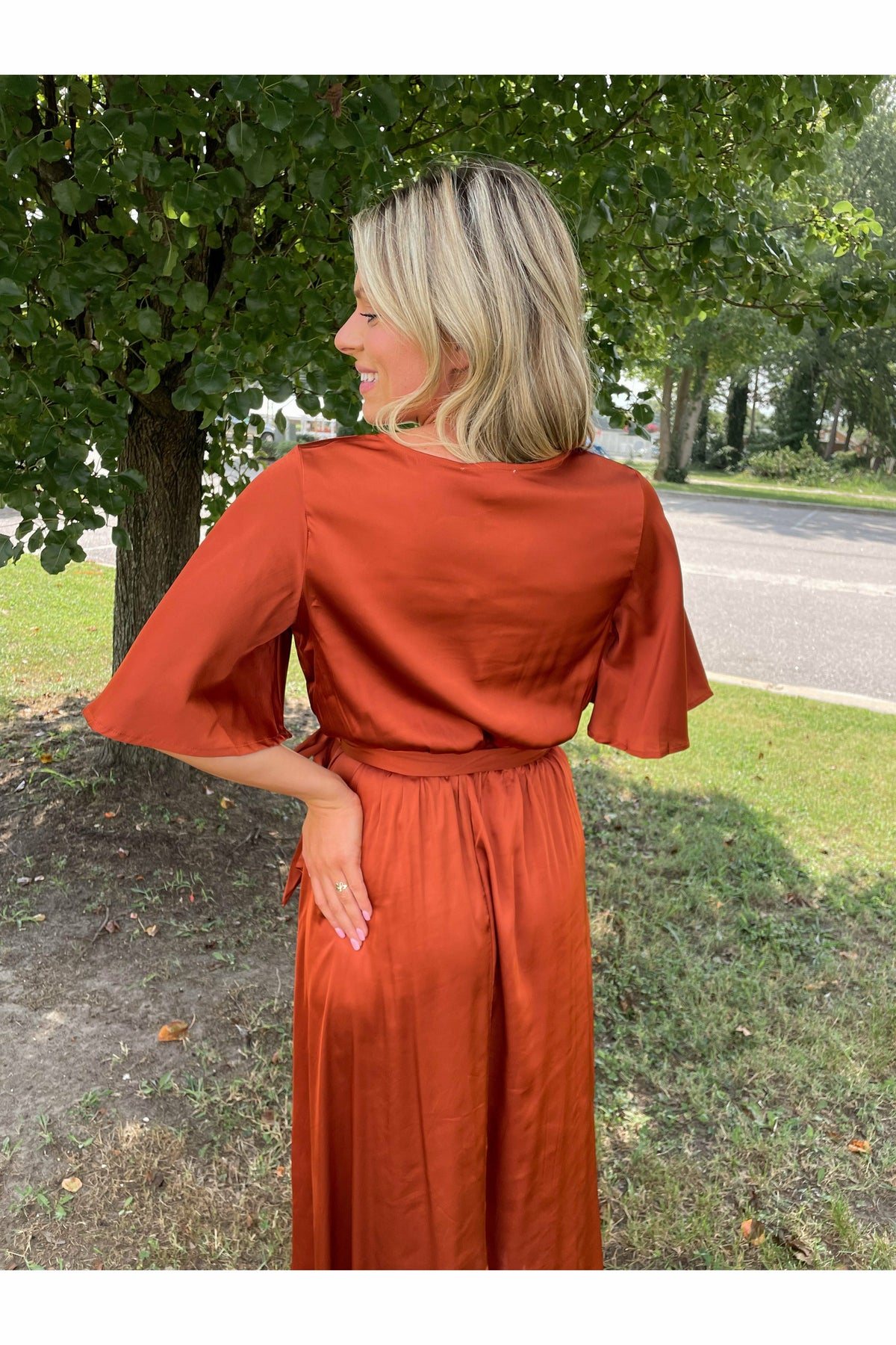 On My Mind Bell Sleeve Dress in Brick