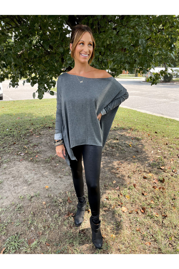 Lean With It Top in Charcoal