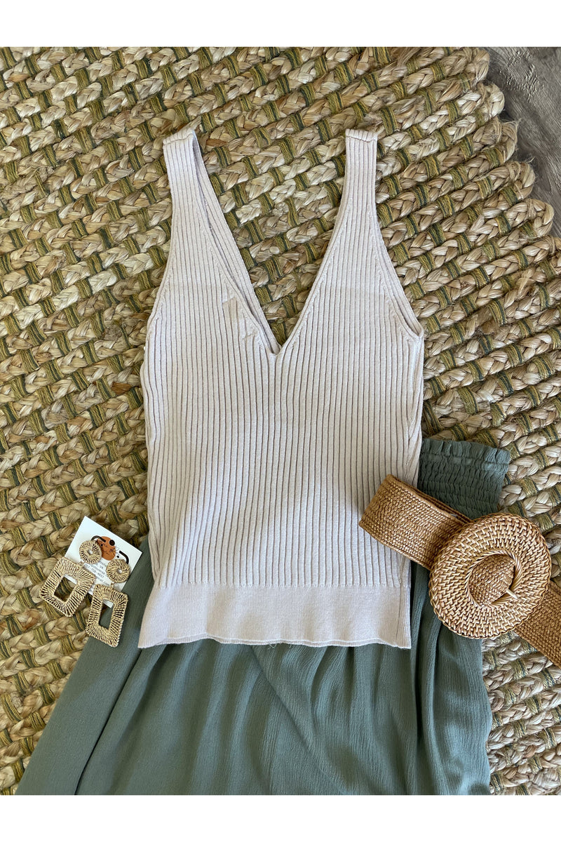 Many Layers Ribbed Tank in Beige