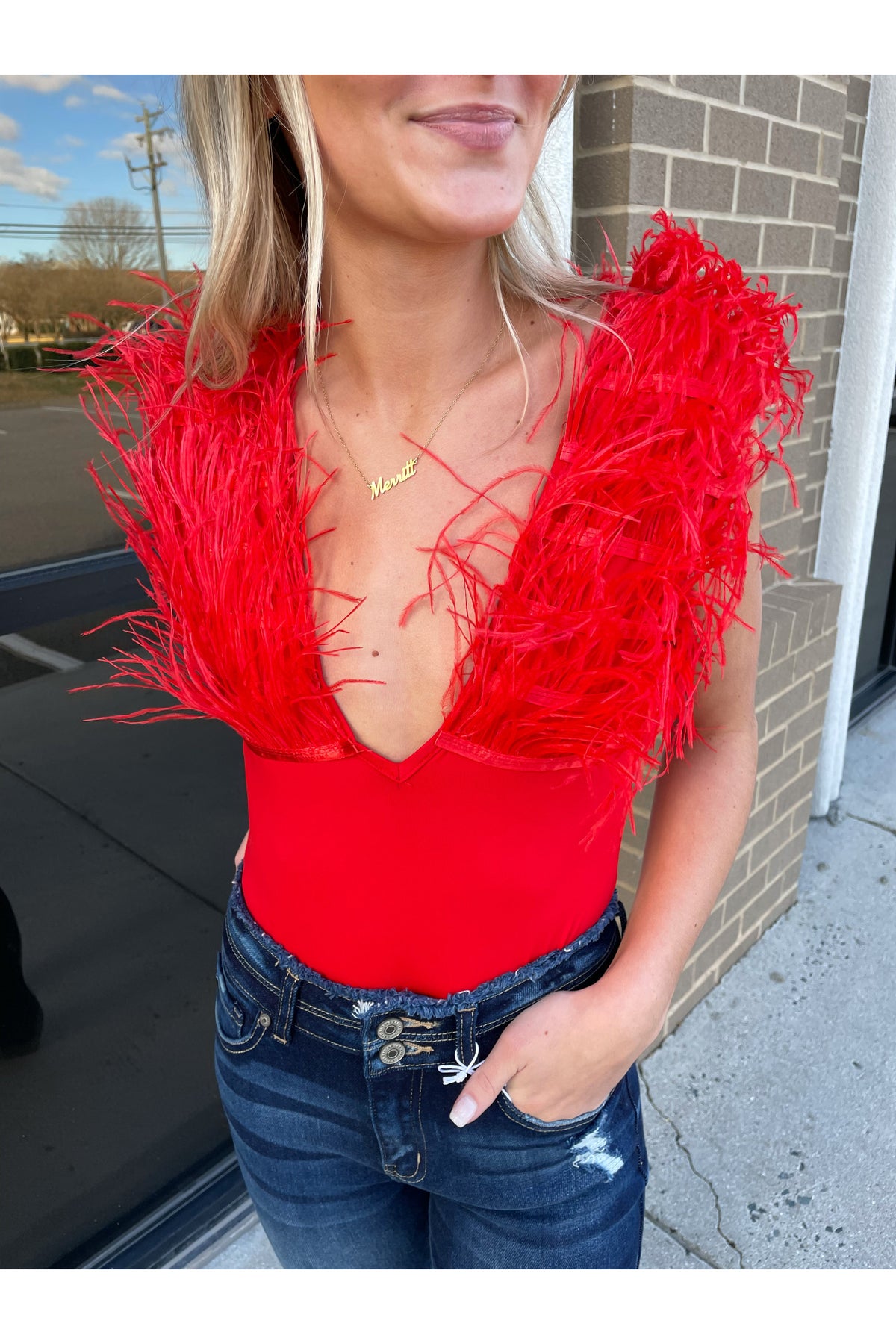 I Love Me Feather Bodysuit in Red
