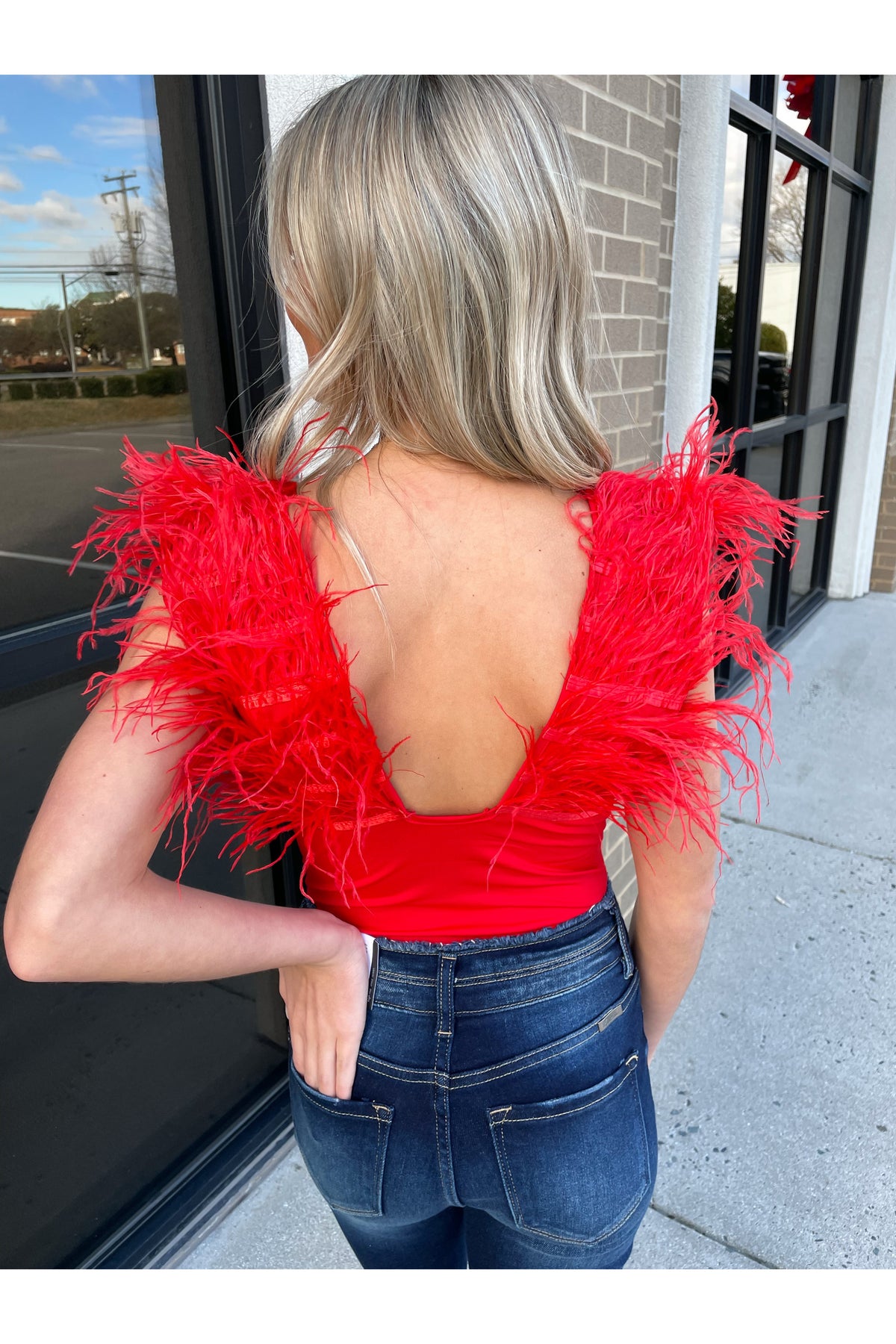 I Love Me Feather Bodysuit in Red